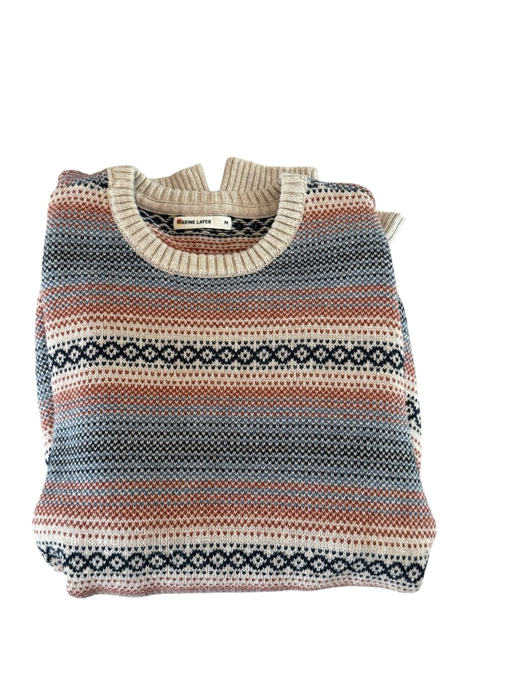 Marine Layer Men’s Fair Isle Crewneck Sweater in Blue, Tan, and Navy